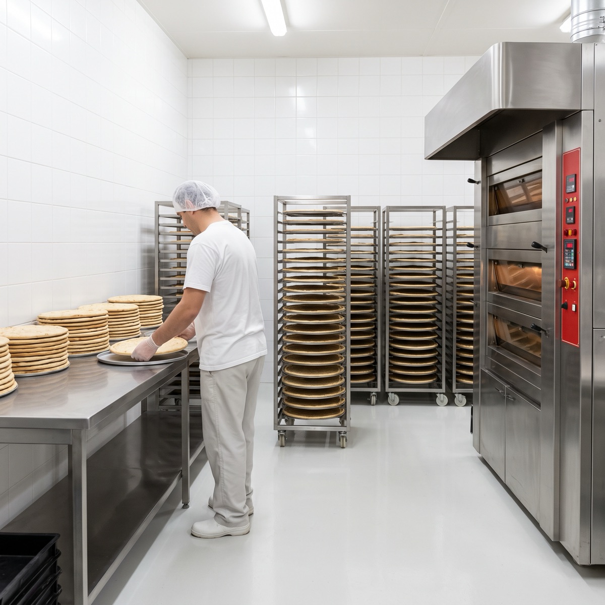 Fábrica de massas com carrinhos de massa pré-assada e forno rotativo