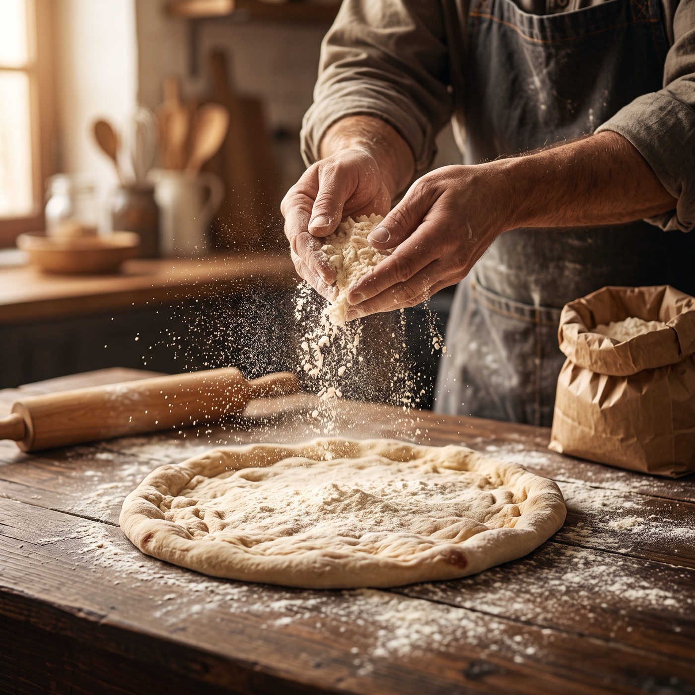 Farinha sendo jogada sobre a massa aberta